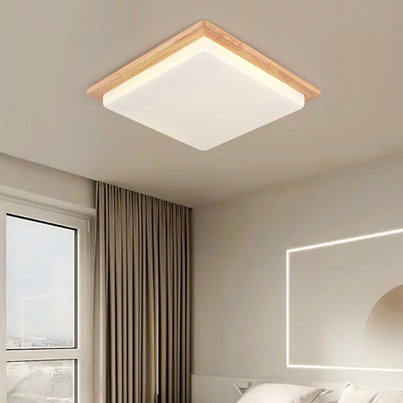 Modern LED Wood Flush Mount Geometric Shape Ceiling Light with Acrylic Shade for Bedroom