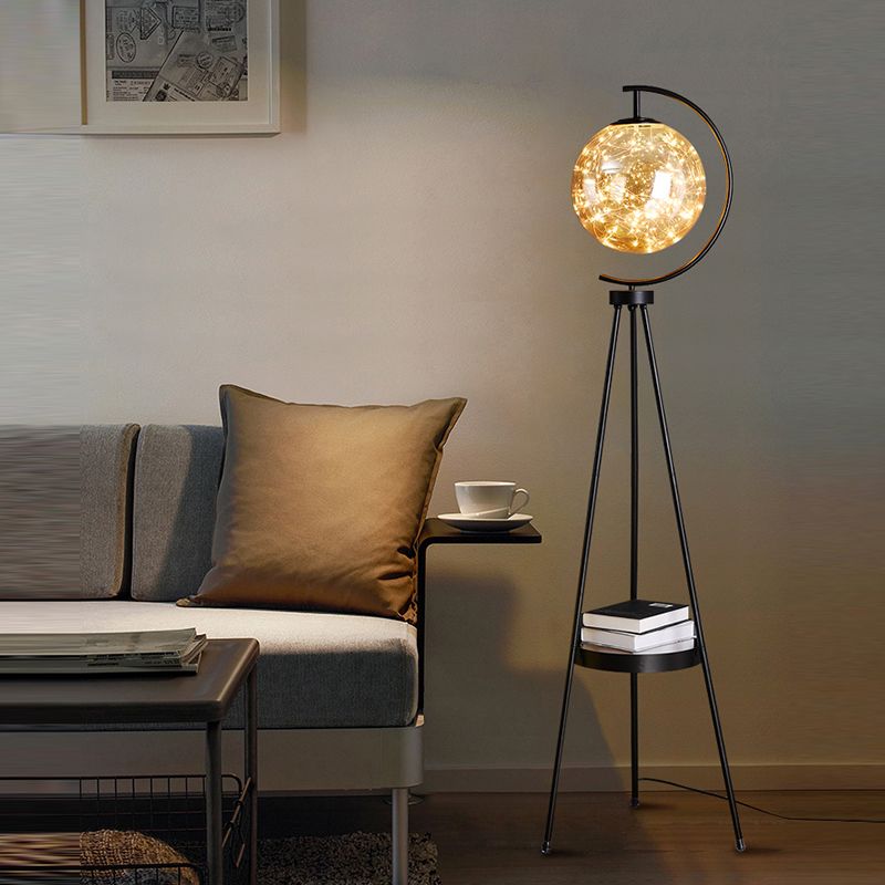 Nordic Style Metal Floor Lamp Tripod Shape LED Floor Light with Glass Shade for Bedroom