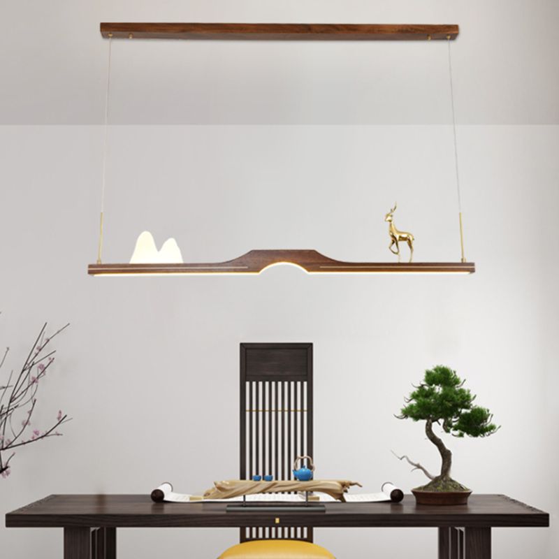 Dark Wood Linear Island Light Artistic Modern LED Suspension Light for Study Room