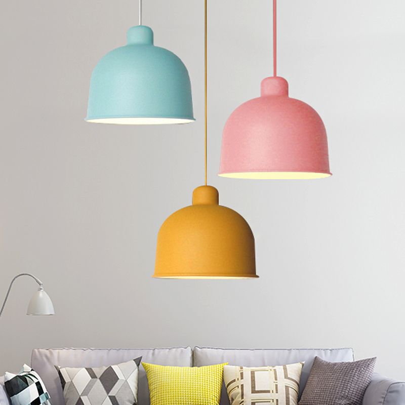 Metal Bowl Shape Pendant Light Dining Room 1 Head Macaron Style Hanging Lamp