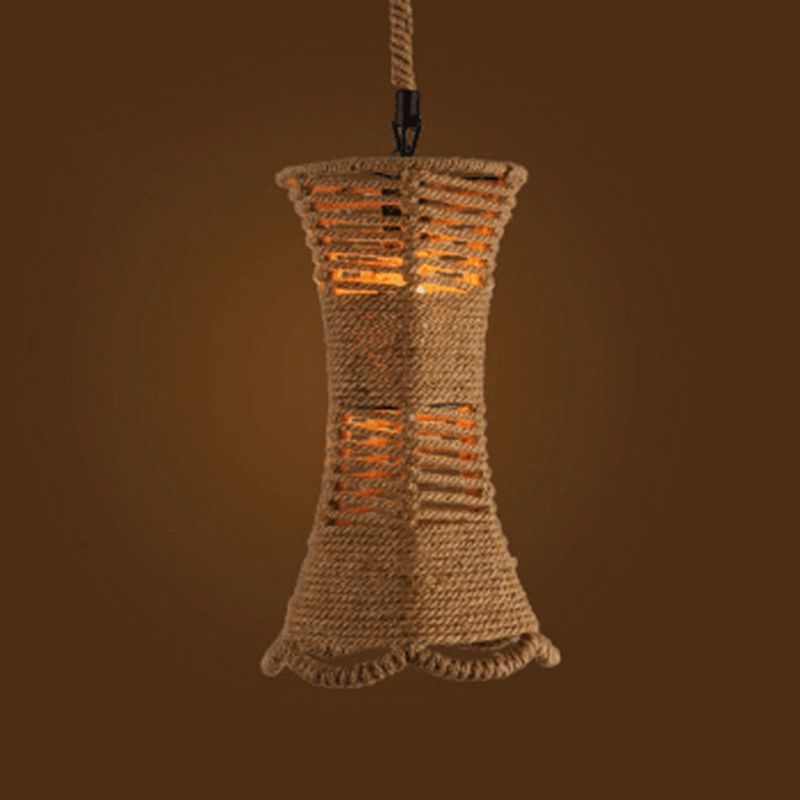 1 Light Geometric Pendant Light Kit Industrial Beige Natural Rope Hanging Lighting for Dining Room