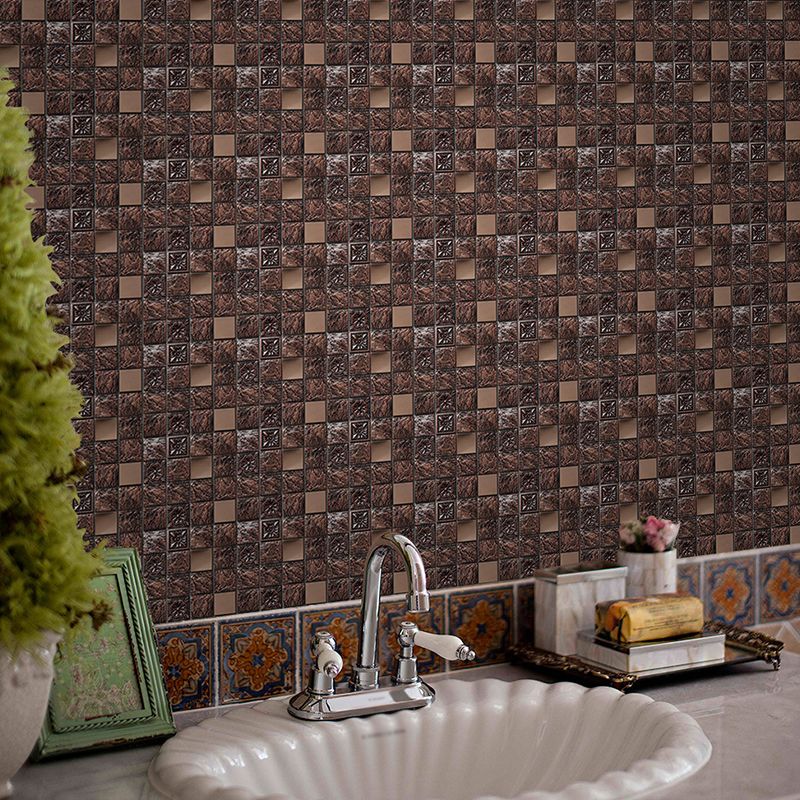 Modern Mosaic Tiles Wallpaper Panel Coffee Stone Look Adhesive Wall Decor, 60 Pieces