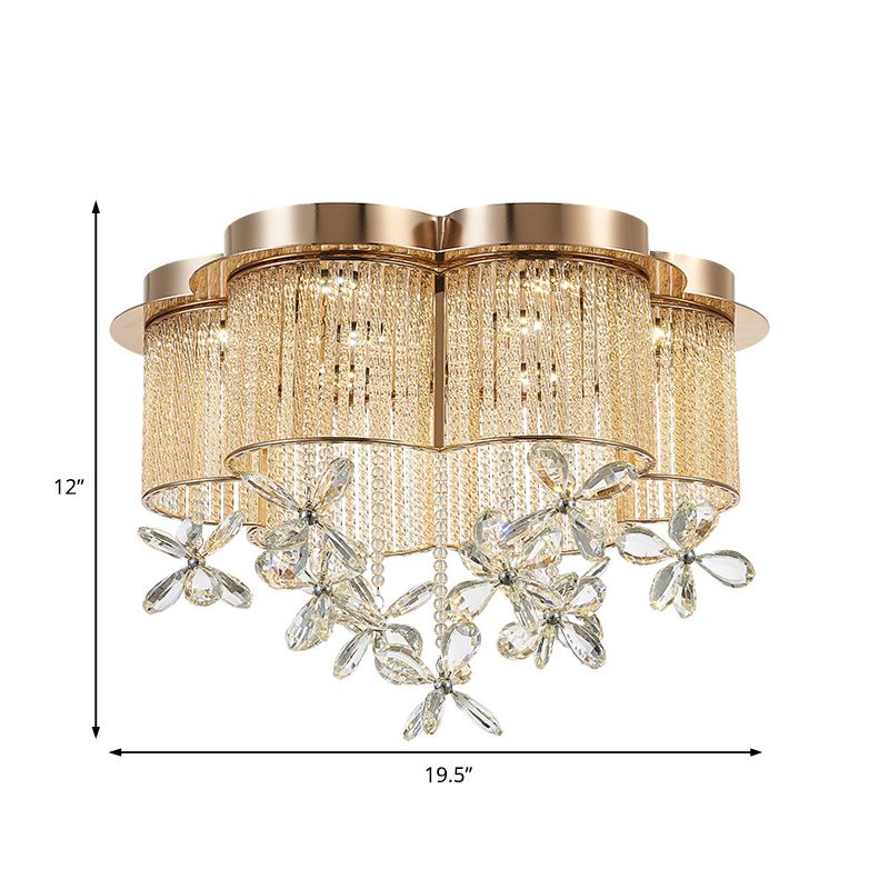 Plafonnier à abat-jour en forme de fleur dorée, luminaire suspendu moderne à LED en cristal clair et en métal, 19,5 "/ 23,5" de large