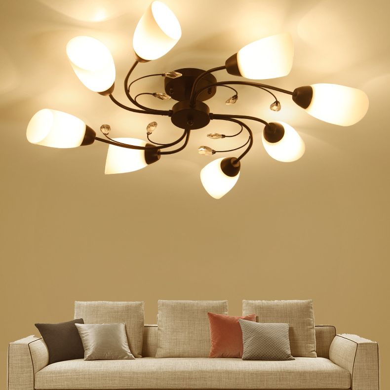 White Glass Shade Semi Flush Mount Lighting Modern Black Swirled Arm Ceiling Light for Living Room