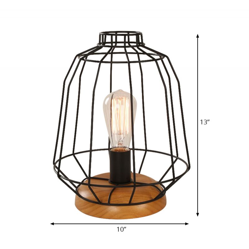 1 Bulb Table Lamp Industrial Stylish Pear/Barrel Shade Metal and Wood Task Lamp with Wire Guard in Black for Bedroom