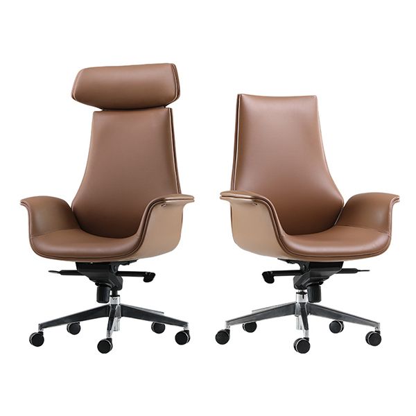 Contemporary Arm Chair Fixed Arms Adjustable Seat Height Brown Leather Office Chair