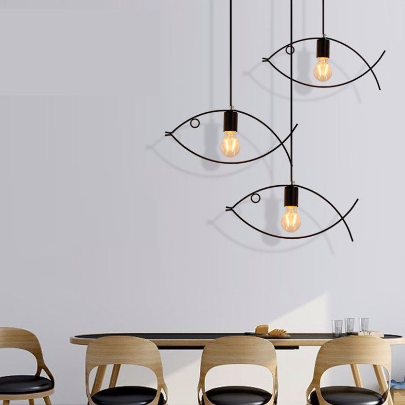 Fish Metal Pendant Lighting Fixture Loft-Style Dinning Room Hanging Ceiling Light in Black