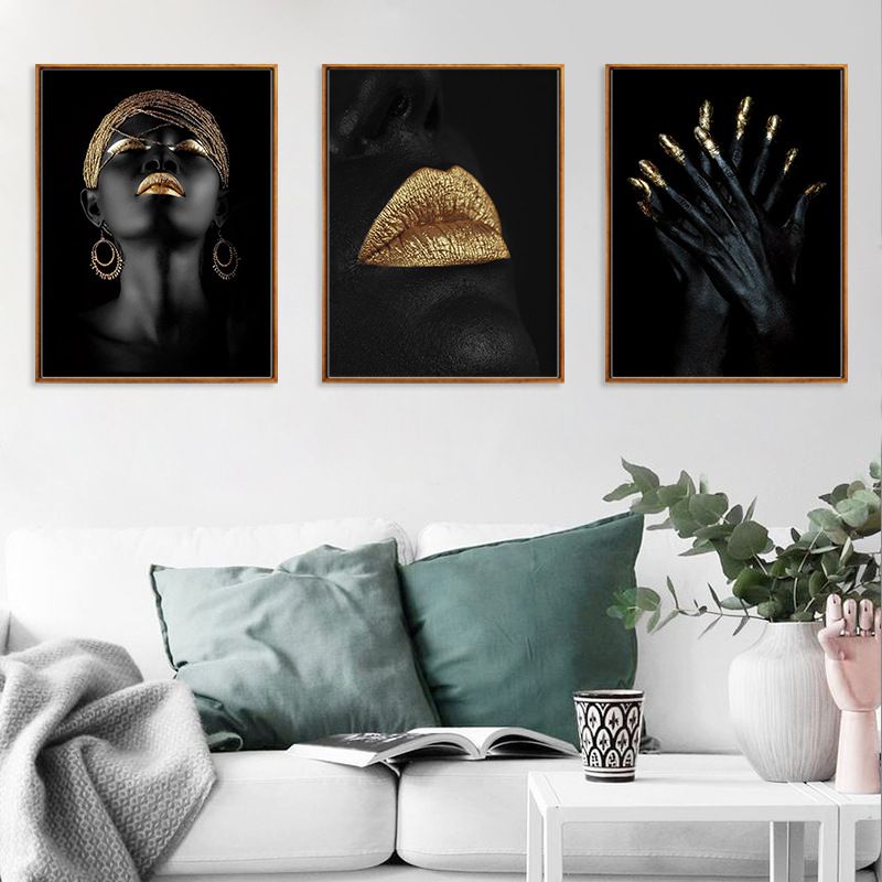 Gold Glam Canvas Wall Art Photographs Woman Face Paints Wall Decor for Living Room