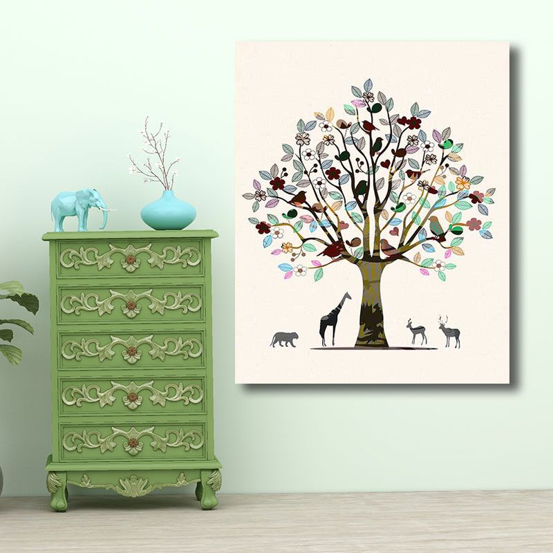 Scandinavian Tree and Animals Canvas Art Brown Decorative Wall Decor for Drawing Room