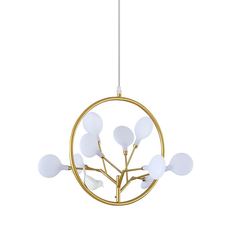 9 Lights Branch Pendant Lamp with Bird Deco Elegant Metallic Hanging Light in Gold for Cloth Shop