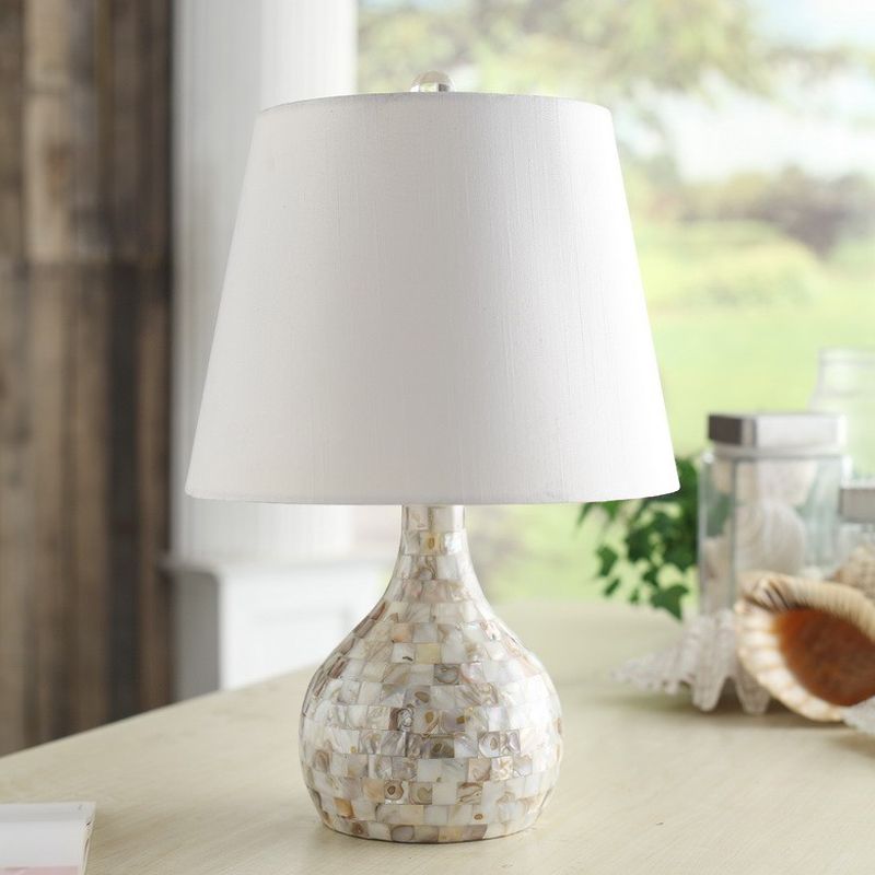 Shell Pear Shaped Night Light Countryside 1 Head Dining Room Table Lamp with Tapered Fabric Shade in White