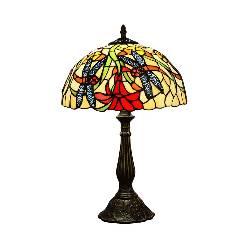 Dragonflies and Flower Table Light Tiffany Stained Glass 1 Head Bronze Nightstand Lamp