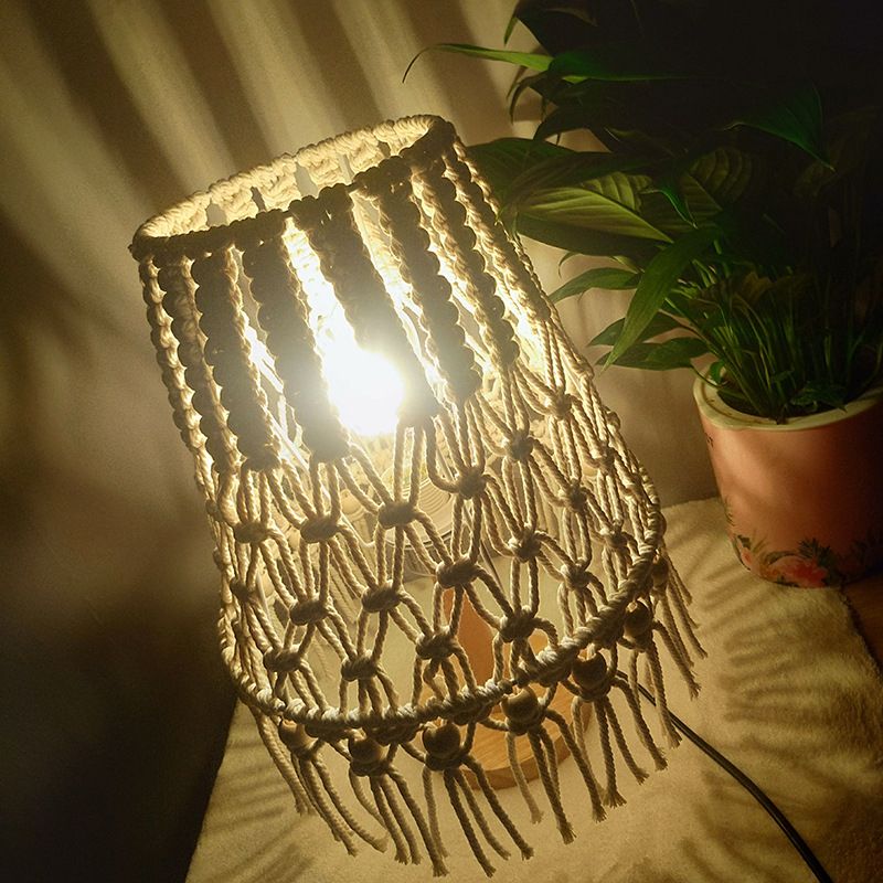 Yellow 1 Head Night Lighting Country Handwoven Rope Tapered Table Lamp with Tassel Fringe