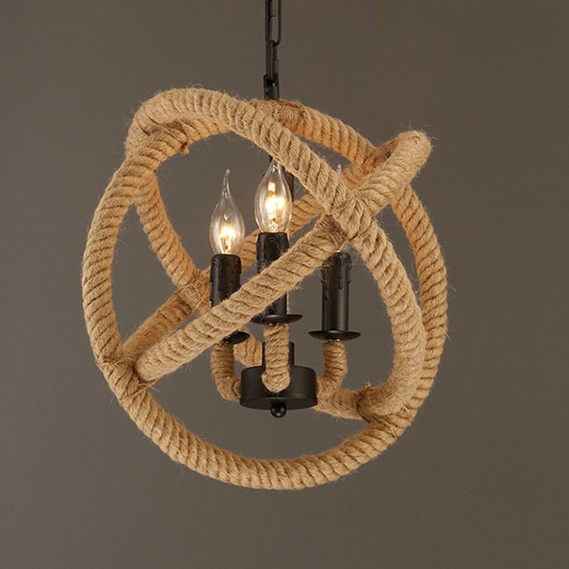 Globe Chandelier Natural Manila Rope Retro Bedroom Light Study Room Light