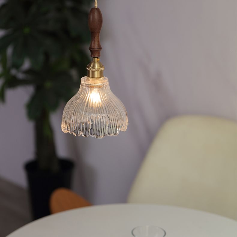 Ribbed Glass Floral Suspension Pendant Simple 1 Bulb Dinner Hanging Light in Brass