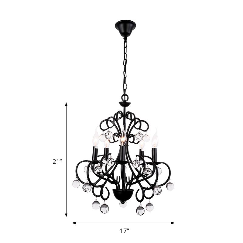 Dining Room Candle Chandelier Lamp Metal Vintage Style 5 Lights Black Suspension Light with Clear Crystal Ball