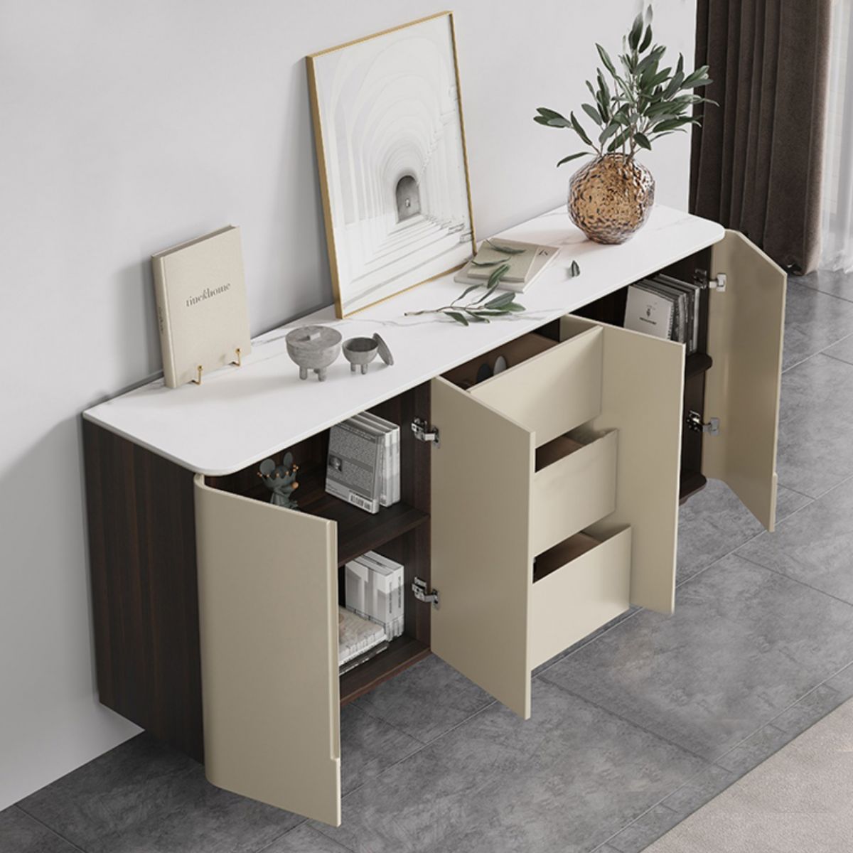 Stone Credenza Contemporary Style Sideboard with Cabinets and Drawers