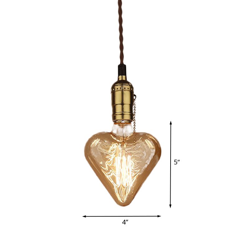 Industrial Heart Shape Down Lighting 1-Light Amber Glass Hanging Pendant Lamp in Brass