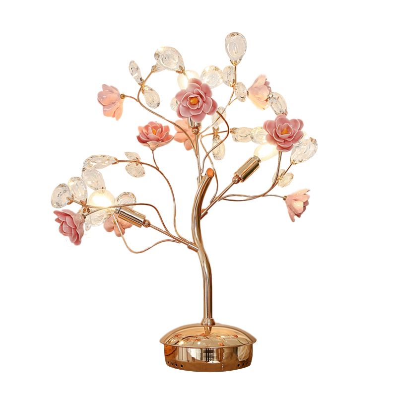 Postmodern Floral Table Lamp 3 Bulbs Crystal Night Light in Pink with Branching Design