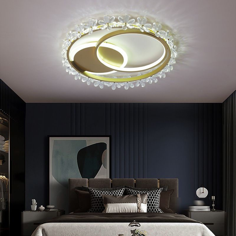 Modern Round Ceiling Mount Light Fixture Crystal 2-Light Ceiling Light Fixture