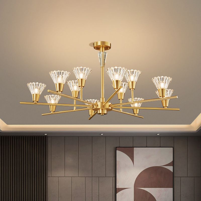 Brass Flower-Like Pendant Light Fixture Modern Clear Glass 6/8/12 Heads Living Room Up Chandelier