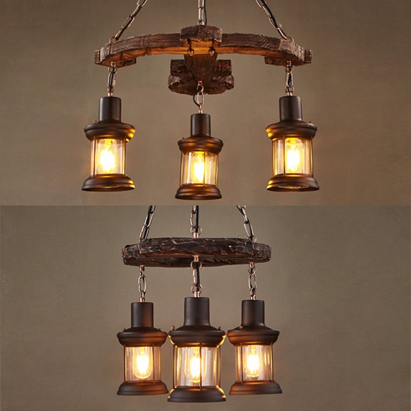 Antique Bronze Wood Hanging Pendant Lights Industrial 3-Lights Hanging Lights for Bar