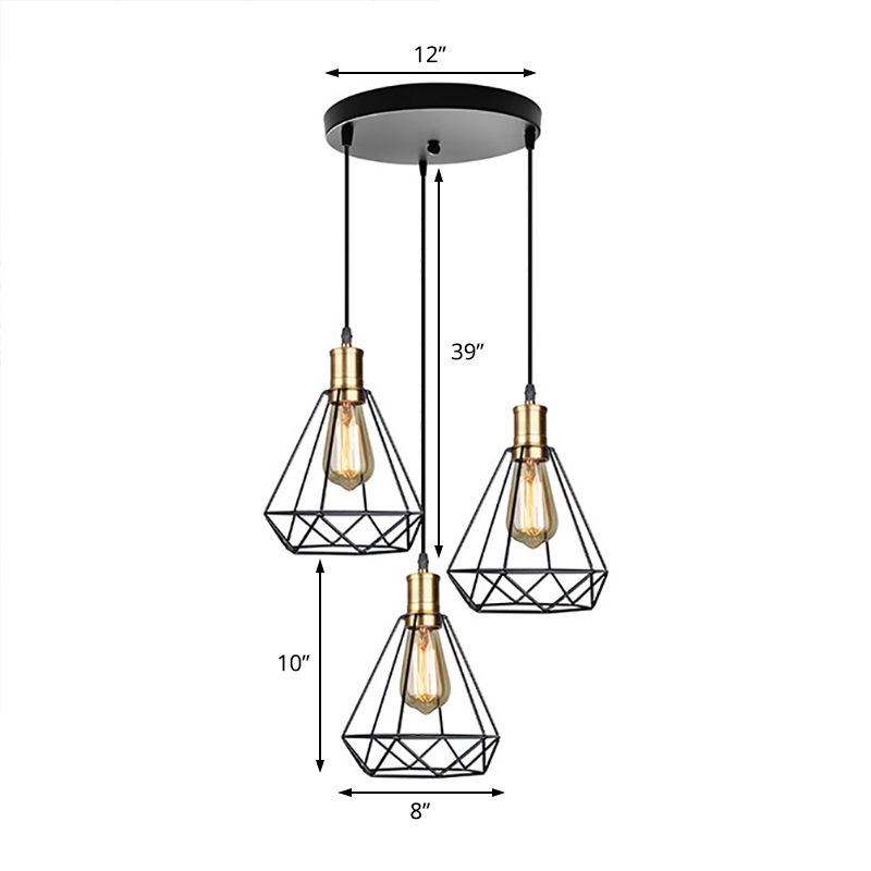 3 Heads Hanging Lamp Farmhouse Teardrop Cage Shade Metal Suspended Lamp with Round/Linear Canopy in Brass