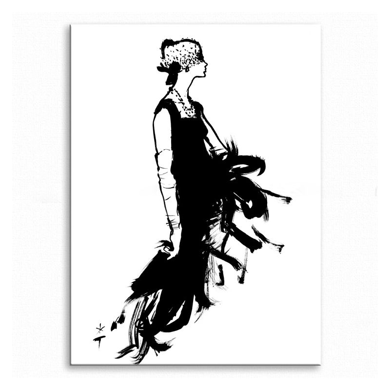 Pencil Drawing Glam Canvas Wall Art with Woman in Black Dress Pattern for Bedroom