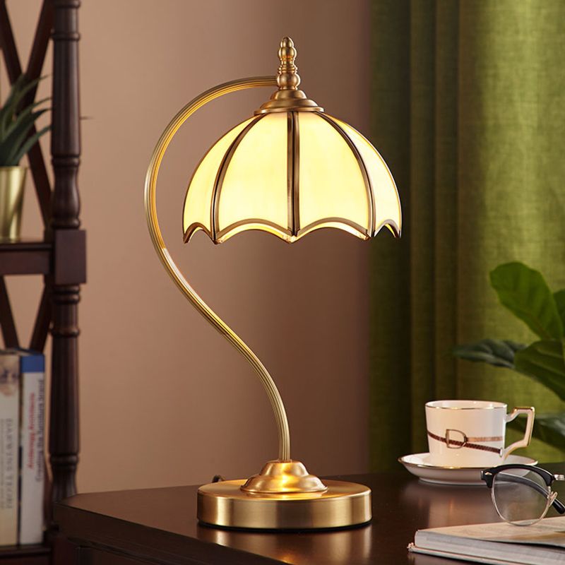 Opal Glass Gold Table Lamp Scalloped 1 Light Colonial Style Night Lighting with Curved Arm