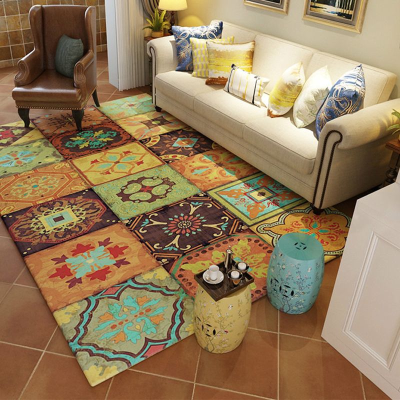 Antique Living Room Rug Multicolored Floral Printed Area Carpet Polypropylene Anti-Slip Washable Indoor Rug