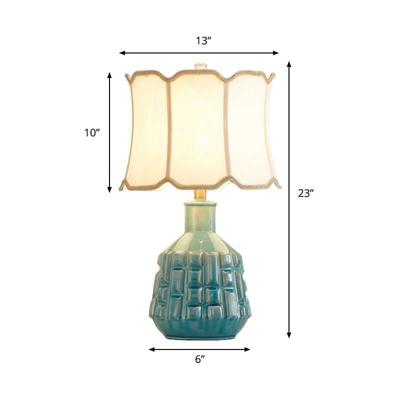 Fabric Scalloped Bell/Drum Table Lamp Vintage 1 Bulb Parlor Nightstand Light with Ceramic Pot Base in Blue