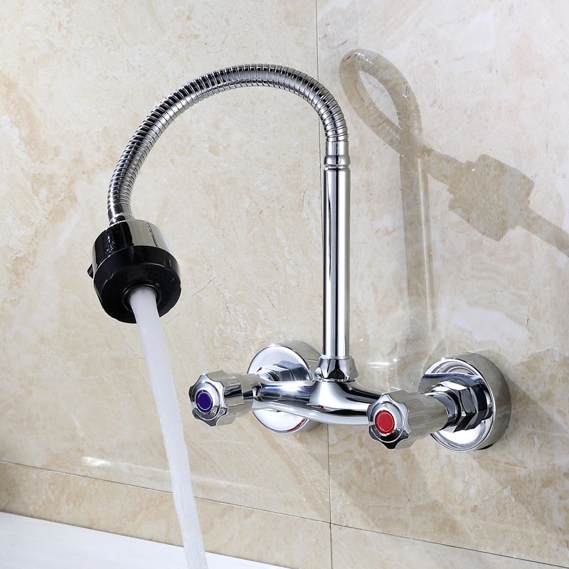 Contemporary Wall Mounted Kitchen Faucet High Arch Double Handles Water Filler in Chrome