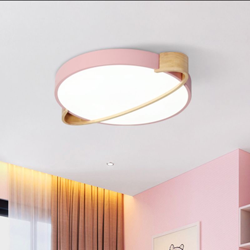 12"/16"/19.5" Dia Nordic Round Ceiling Light Fixture Metal Pink/Yellow/Green LED Flush Mount Light for Bedroom in Warm/White