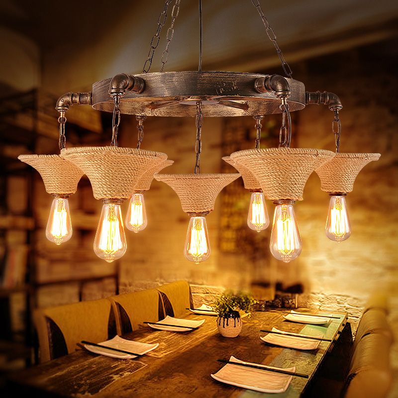 Cone Shade Ceiling Lamp Rope 7/9 Bulb Rustic Dining Room Chandeliers Pendant Light in Antique Bronze