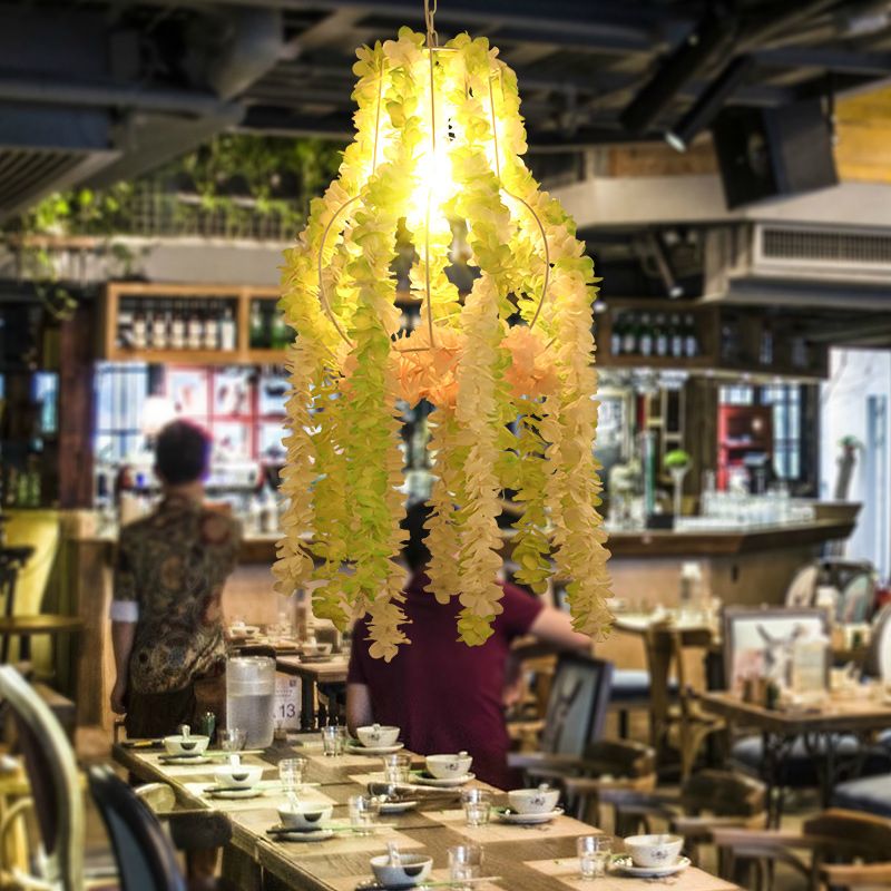 Luce del soffitto a gabbia di zucca industriale 1 Bulb Iron Inione Aione l'illuminazione a sospensione in bianco con fiore artificiale