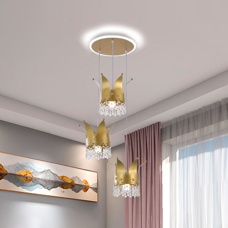 Contemporary Crown Cluster Pendant Iron 3 Heads Nursery Suspension Light in Gold with Crystal Drop