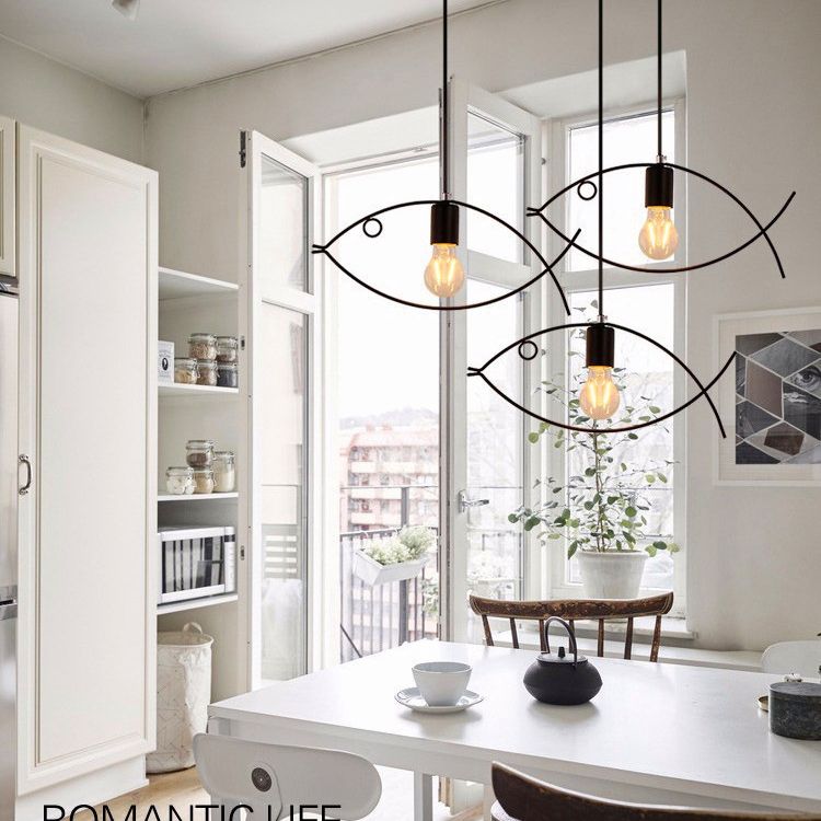 Fish Metal Pendant Lighting Fixture Loft-Style Dinning Room Hanging Ceiling Light in Black