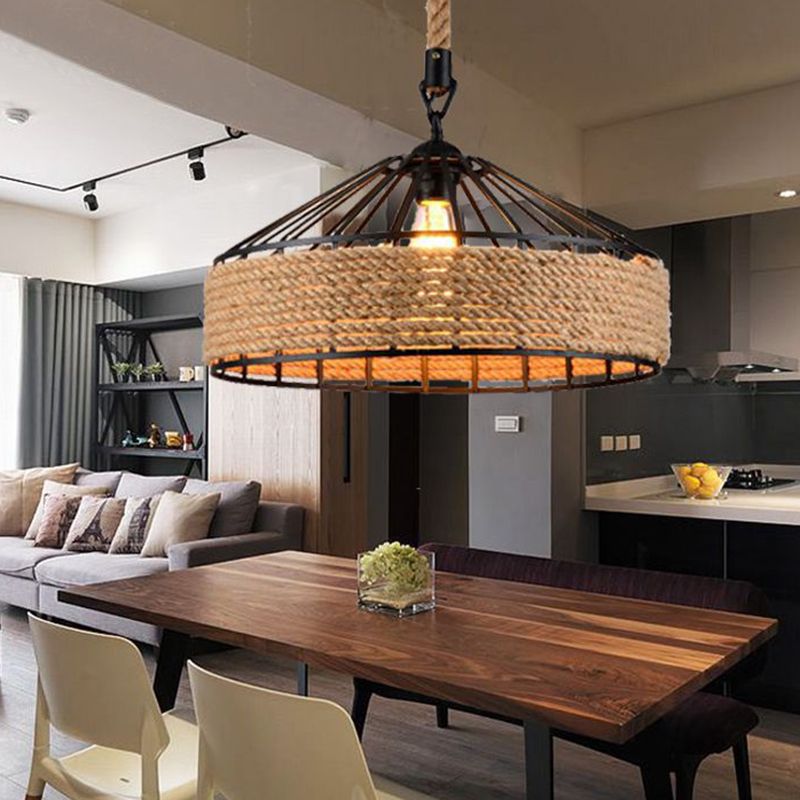 Metal Beige Hanging Light Fixture Drum Industrial Pendant Light Fixture for Dinning Room