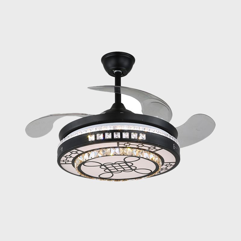 4 Blades LED Round Semi Flush Modern Black Finish Clear Square Crystals Hangende ventilatorlicht, met Chinese knoop/bloem/half cirkelvormig patroon, 19 breed