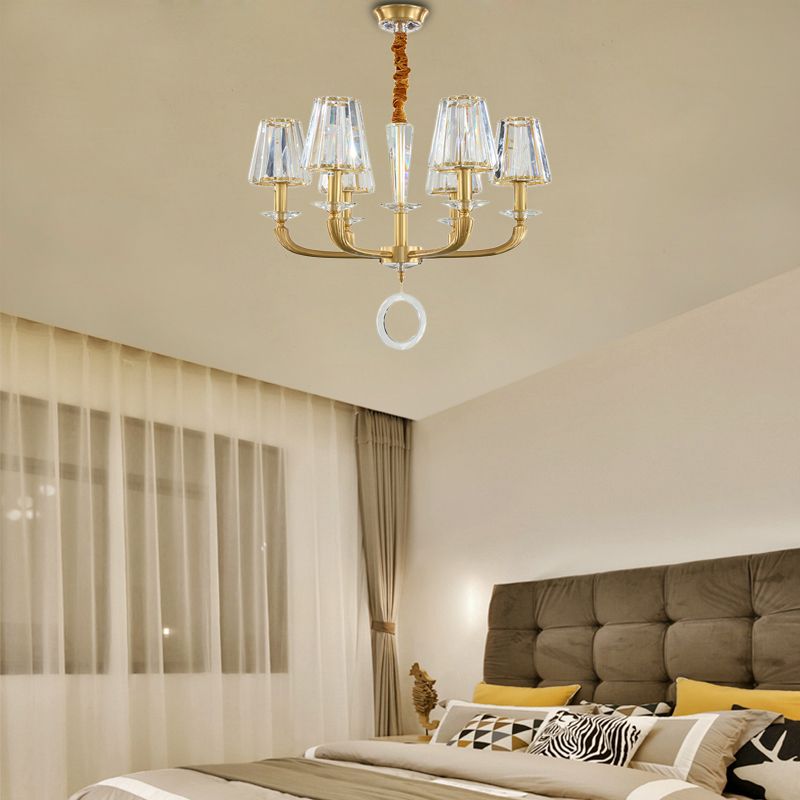 Clear Crystal Cone Shade Pendant Light Fixture Modern 6 Light Hanging Chandelier Light in Brass for Bedroom