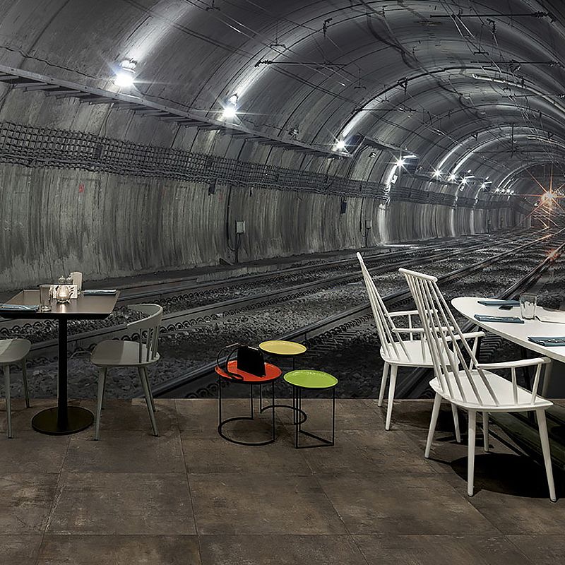 Giant Mural Wallpaper with Industrial 3D Tunnel and Rail Wall Art in Dark Color