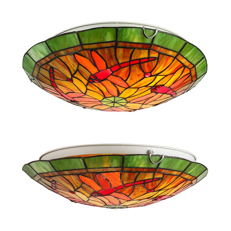 Lodge Dragonfly/Floral Flushmount 3 Bulbs Stained Glass Flush Ceiling Light in Yellow for Living Room