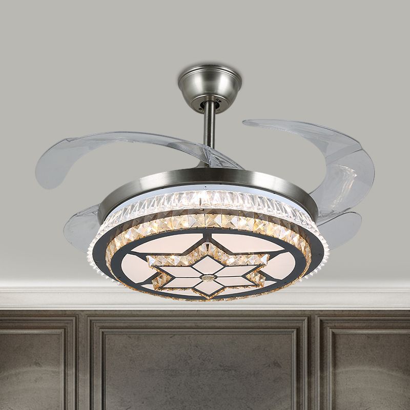 19 "Breedte LED Semi Flush Mount Contemporary Round Round Round Clear Crystal Blocks 4 Blades Hanglamp ventilatorlamp in roestvrijstalen met rhombus/zespuntig sterrenpatroon