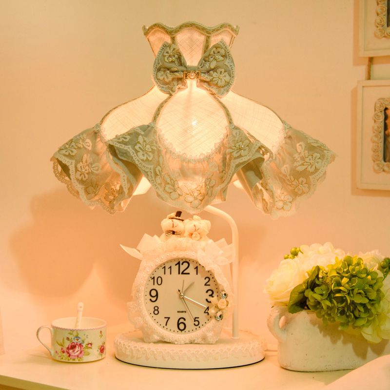 1 Head Bedroom Night Light Korean Garden White Nightstand Lamp with Ruffle Fabric Shade and Clock