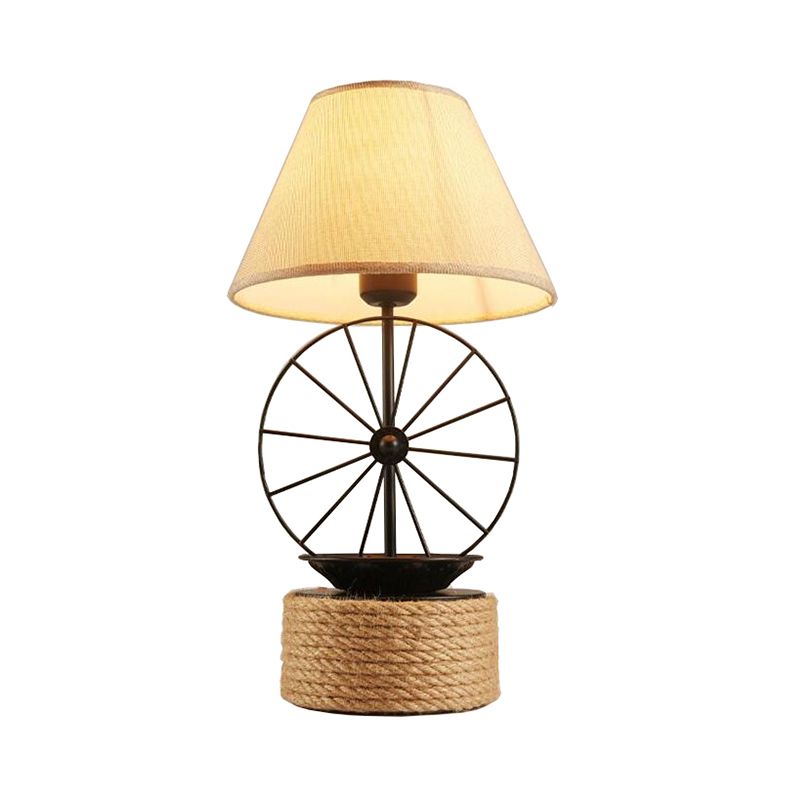 Fabric Conic Desk Lighting Factory Style 1 Light Dining Room Rope Table Lamp in Black with Wheel Deco