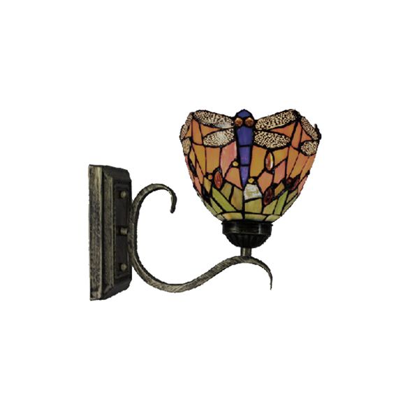 1 Light Dragonfly Wall Light Rustic Tiffany Stained Glass Wall Sconce in Orange for Library