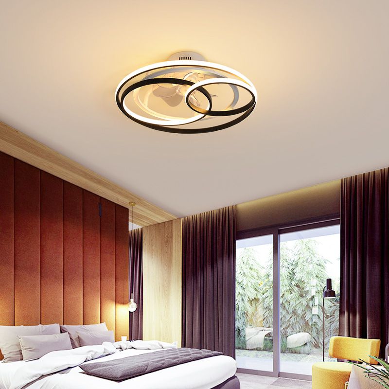 Black and White Loop Semi Flush Light Minimalist Acrylic 7-Blade LED Ceiling Fan Lamp with Remote Control