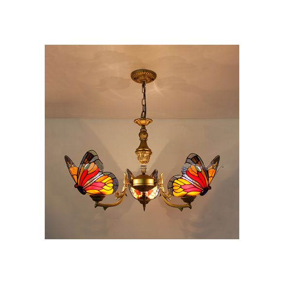 3 Lights Butterfly Hanging Light Loft Style Stained Glass Ceiling Chandelier with Chain in White/Red/Blue/Orange-Green