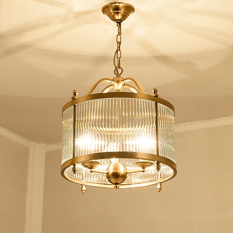 Drum Chandelier Lighting Contemporary Fluted Glass Brass 3/5 Bulbs Hanging Ceiling Light, 16"/19.5"/23.5" Wide