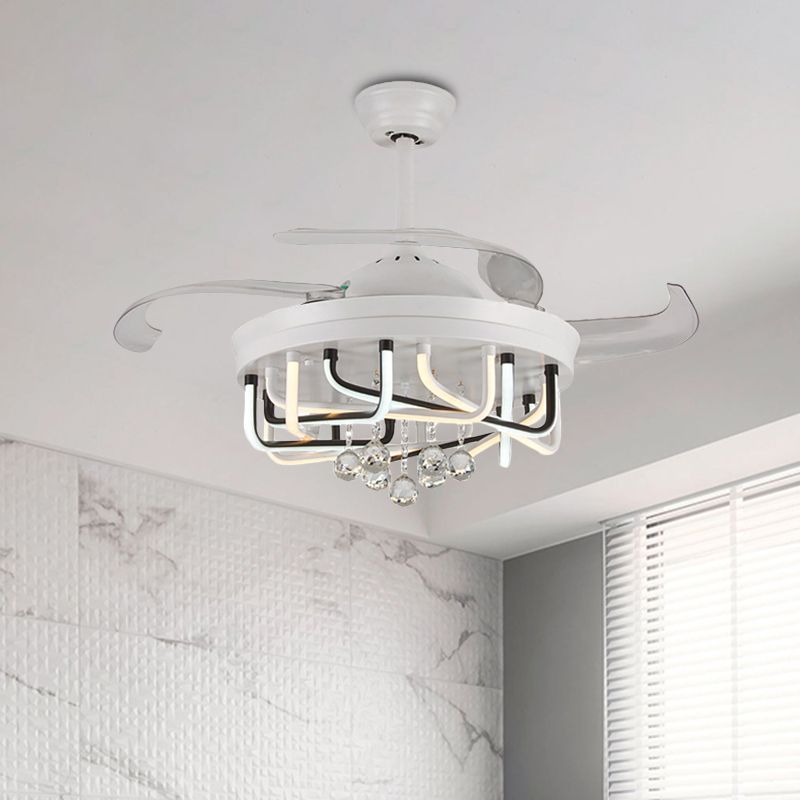 19" W 3 Blades Ceiling Fan Lighting with Acrylic Linear Shade Crystal Contemporary Bedroom Semi Flush Mount Light Fixture in White/Black